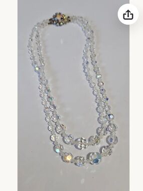 Vintage 1950’s Aurora Borealis Two Strand Crystal Glass Faceted Bead Necklace